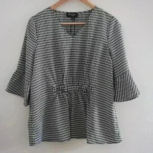 RED CORAL | Women's Black/White Checkered V-neck Bell Sleeved Top